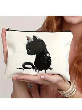 Cat Cosmetic Bag Makeup Black Kitty Sad Scene Anime Emo Pouch Travel Storage Fun